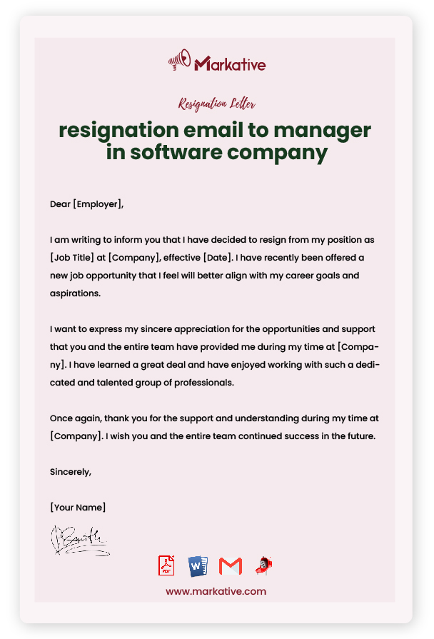 Resignation Email to manager in software company with Reason