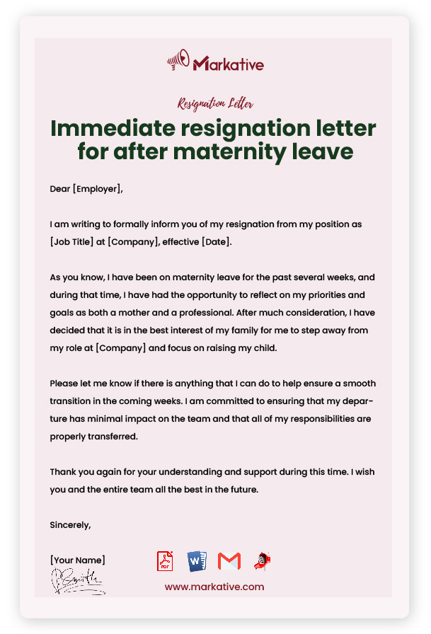 Resignation Letter After Maternity Leave with Notice Period