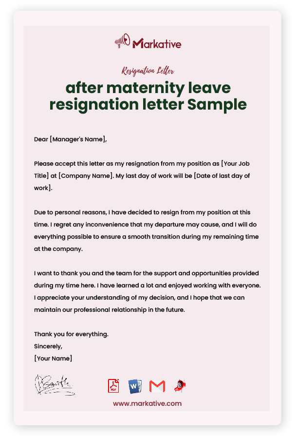 Resignation Letter After Maternity Leave with Reason