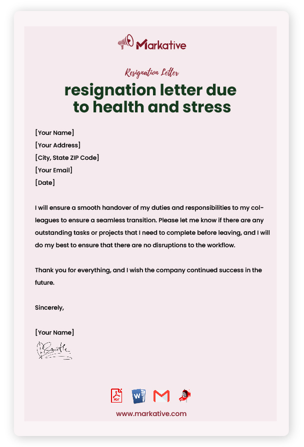 Resignation Letter Due to Health and Stress without Notice Period