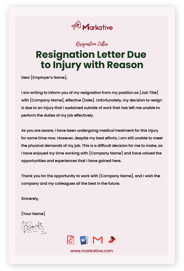 Resignation Letter Due to Injury with Reason