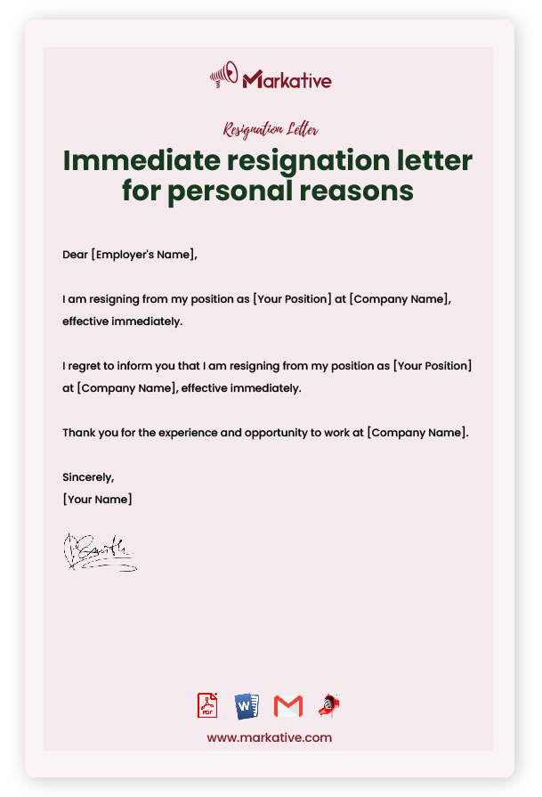 Resignation Letter Effective Immediately without Notice Period