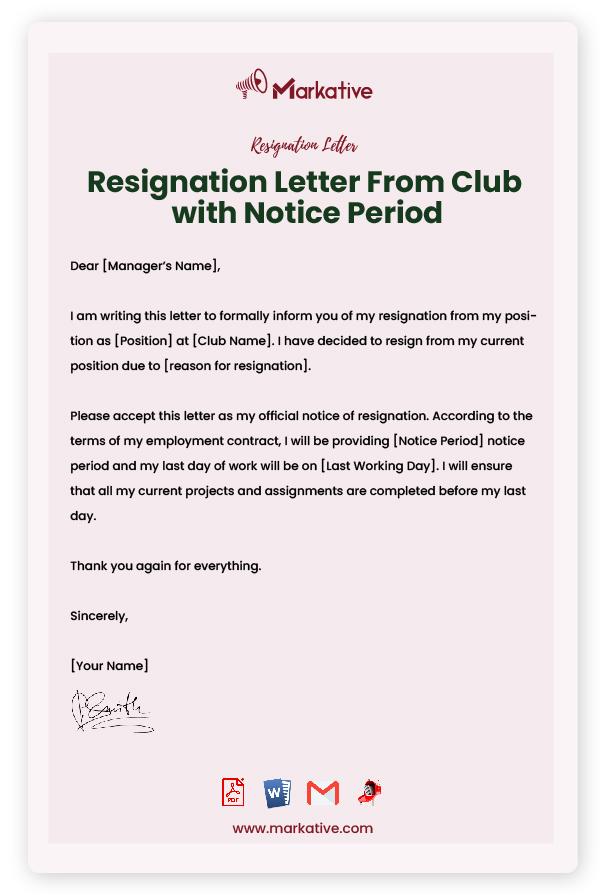 Resignation Letter From Club with Notice Period