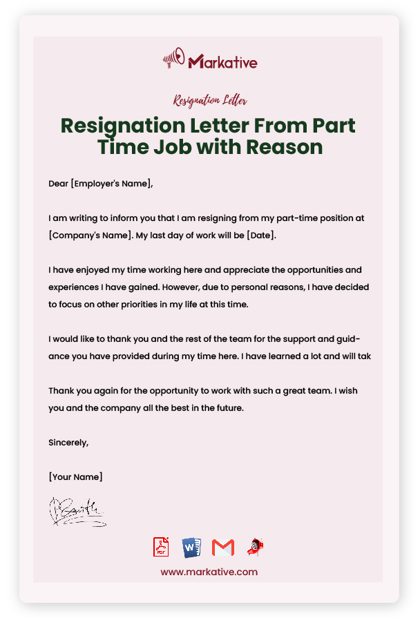 Resignation Letter From Part Time Job with Reason
