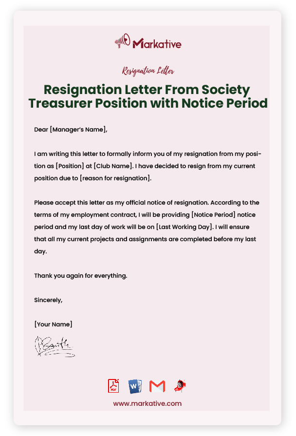 Resignation Letter From Society Treasurer Position with Notice Period