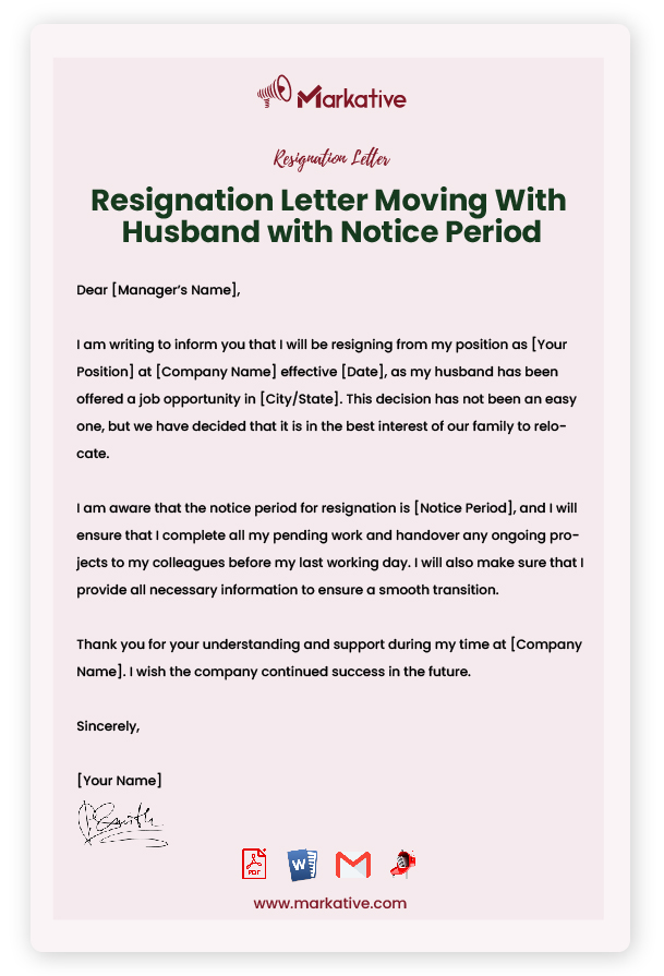 Resignation Letter Moving With Husband with Notice Period