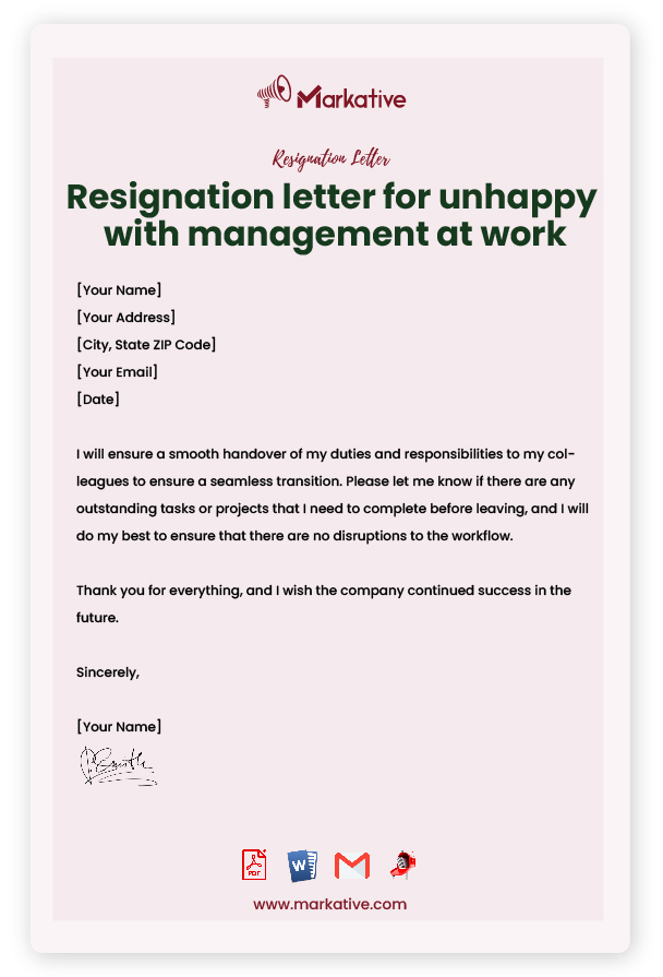 Resignation Letter Unhappy With Management with Notice Period