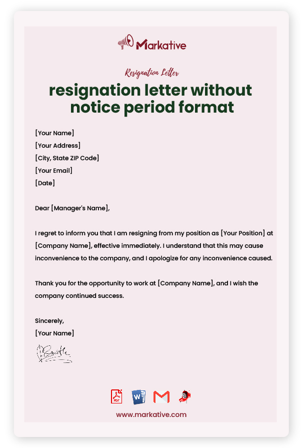 Resignation Letter Without notice period without Reason
