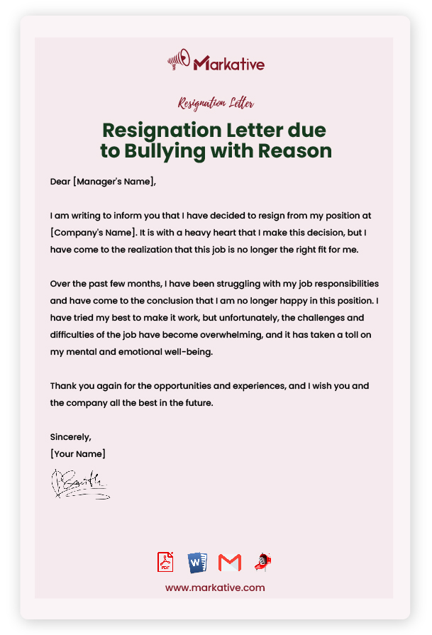 Resignation Letter due to Bullying with Reason