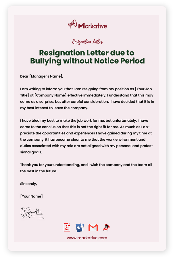 Resignation Letter due to Bullying without Notice Period