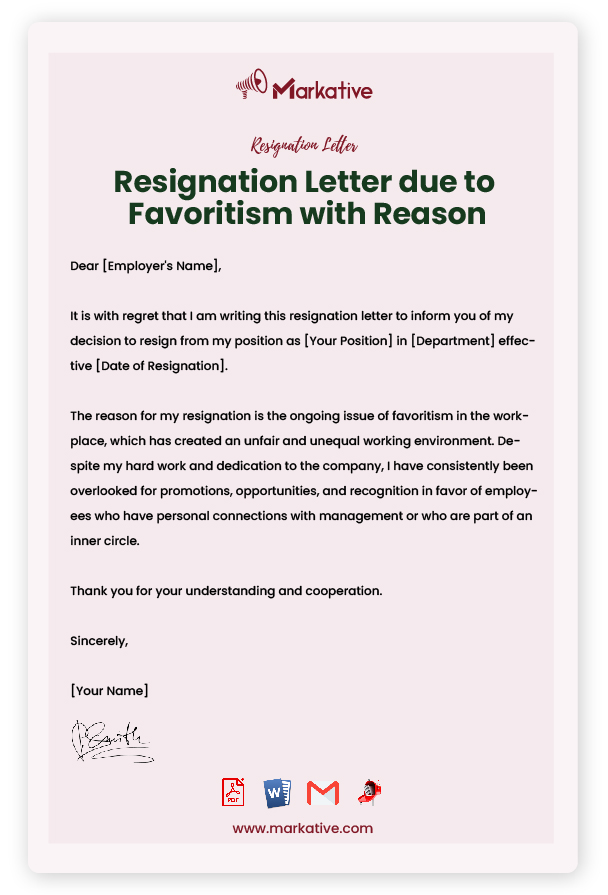 Resignation Letter due to Favoritism with Reason