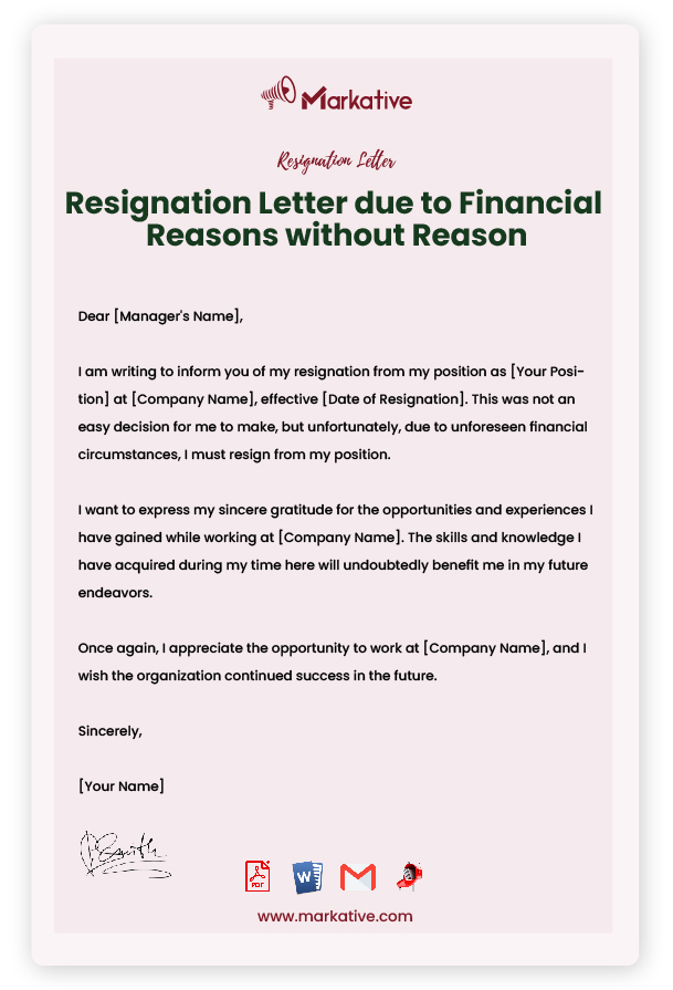 Resignation Letter due to Financial Reasons with Reason