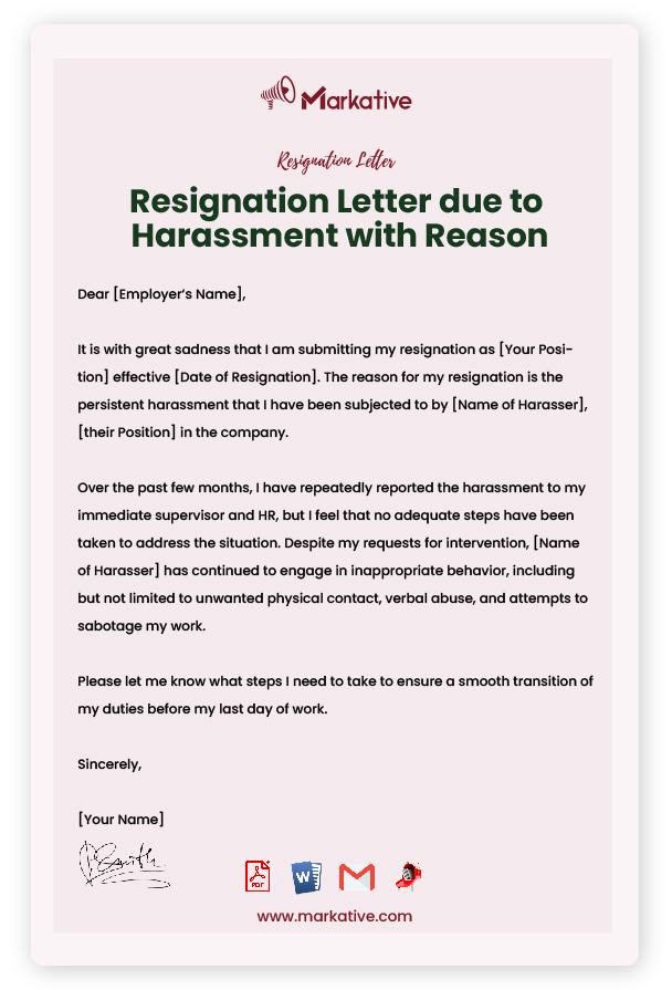 Resignation Letter due to Harassment with Reason