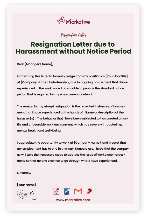 Resignation Letter due to Harassment without Notice Period