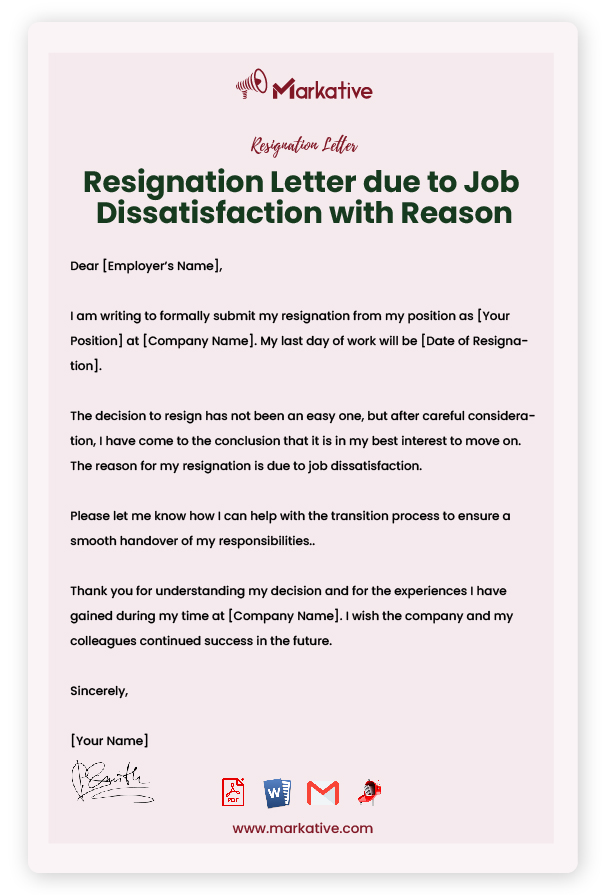 Resignation Letter due to Job Dissatisfaction with Reason