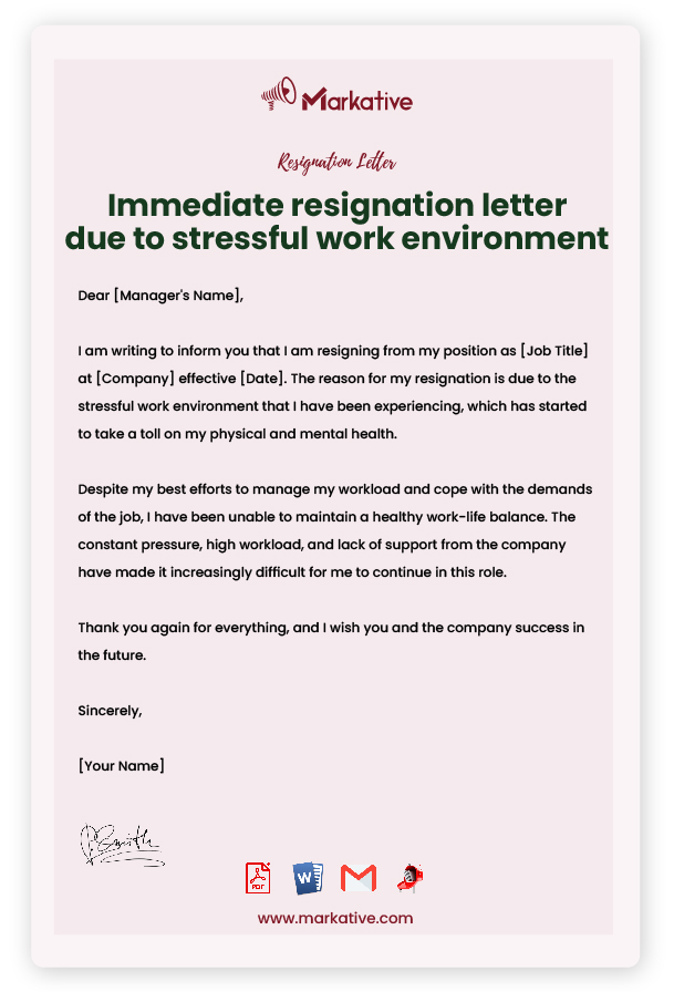 Resignation Letter due to Stressful Work Environment with Notice Period