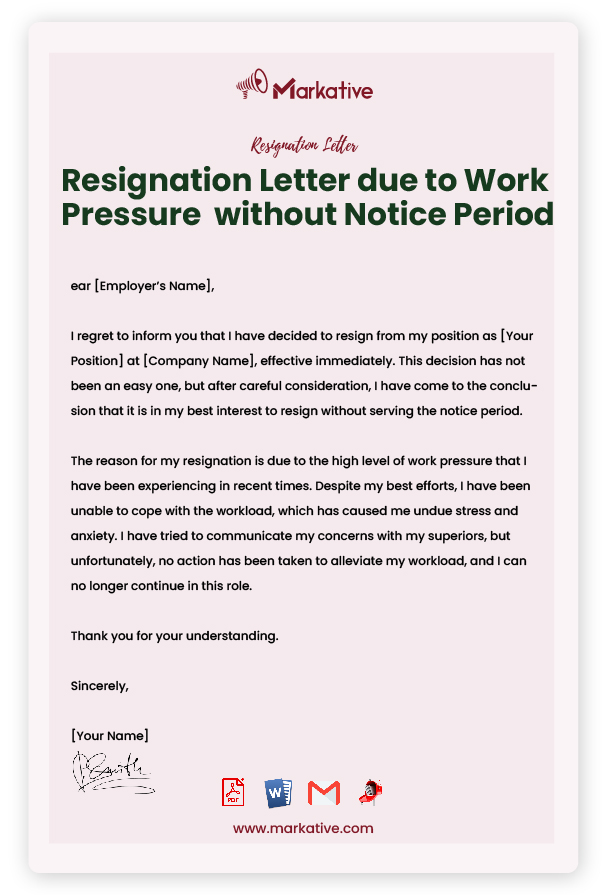 Resignation Letter due to Work Pressure with Notice Period