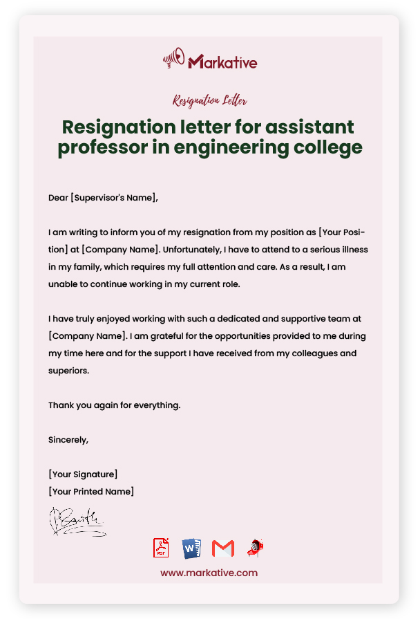 Resignation Letter for Assistant Professor with Reason