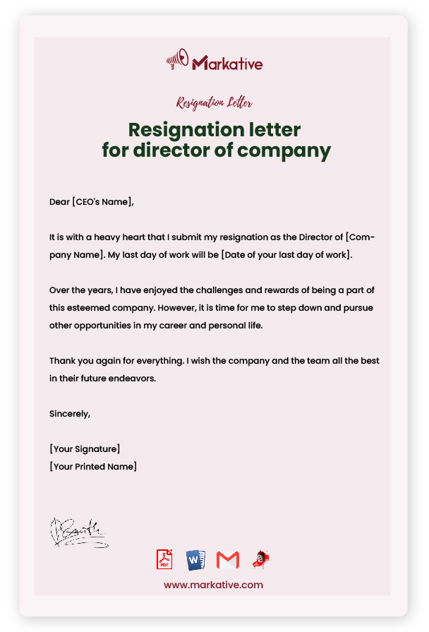 Resignation Letter for Board of Directors without Notice Period