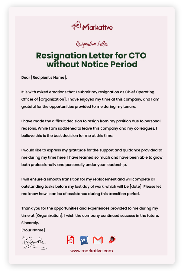Resignation Letter for CTO without Notice Period