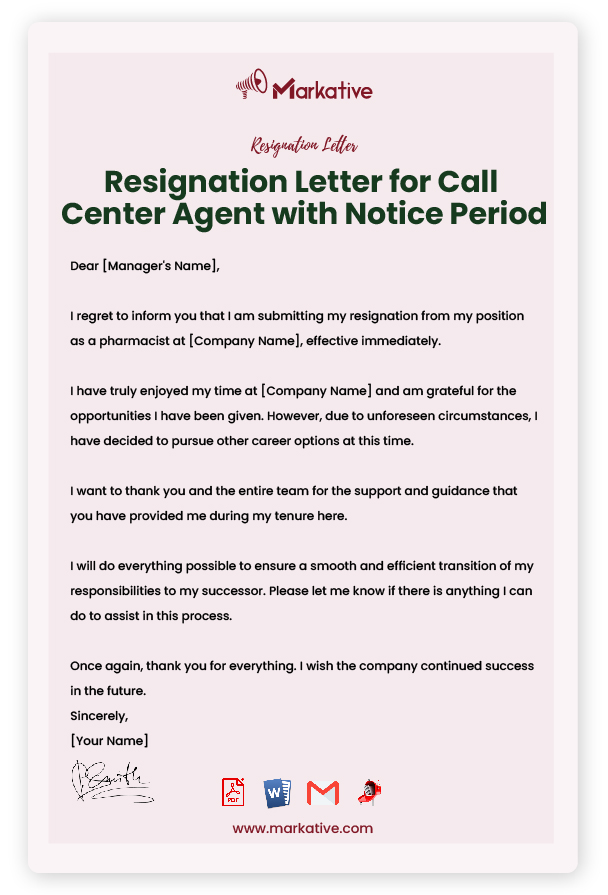 Resignation Letter for Call Center Agent with Notice Period