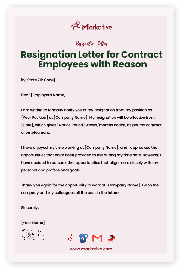 Resignation Letter for Contract Employees with Reason