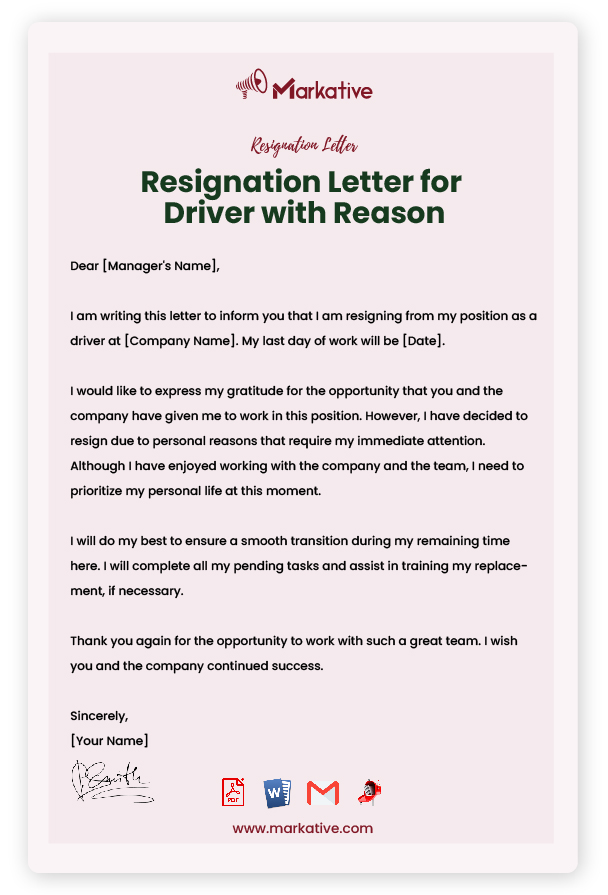 Resignation Letter for Driver with Reason