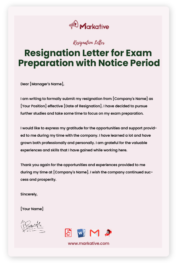 Resignation Letter for Exam Preparation with Notice Period