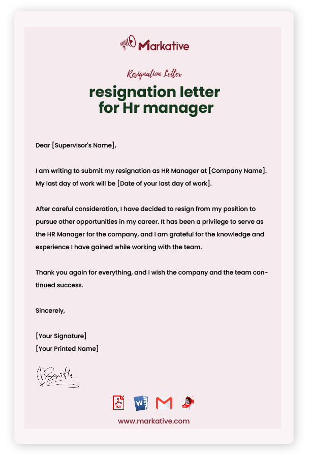 Resignation Letter for HR without Notice Period