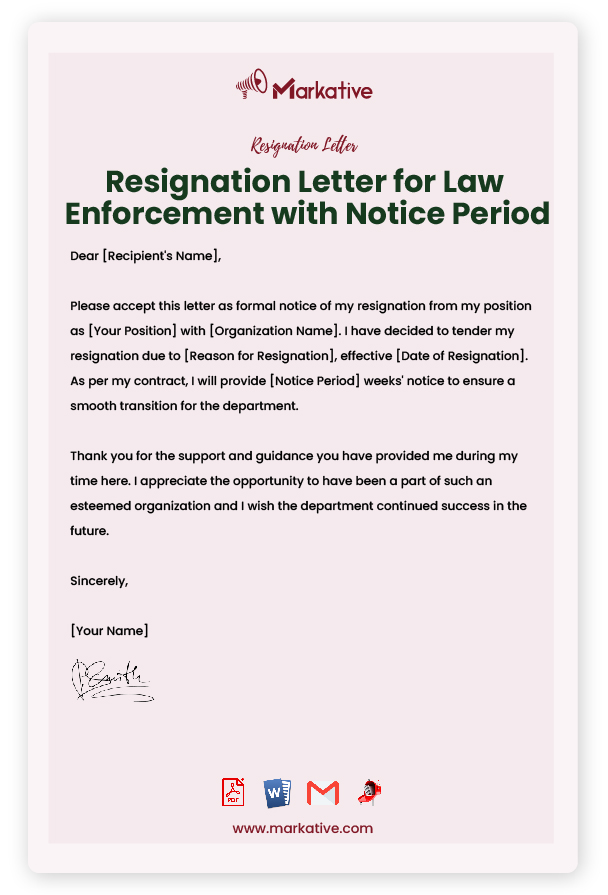 Resignation Letter for Law Enforcement with Notice Period
