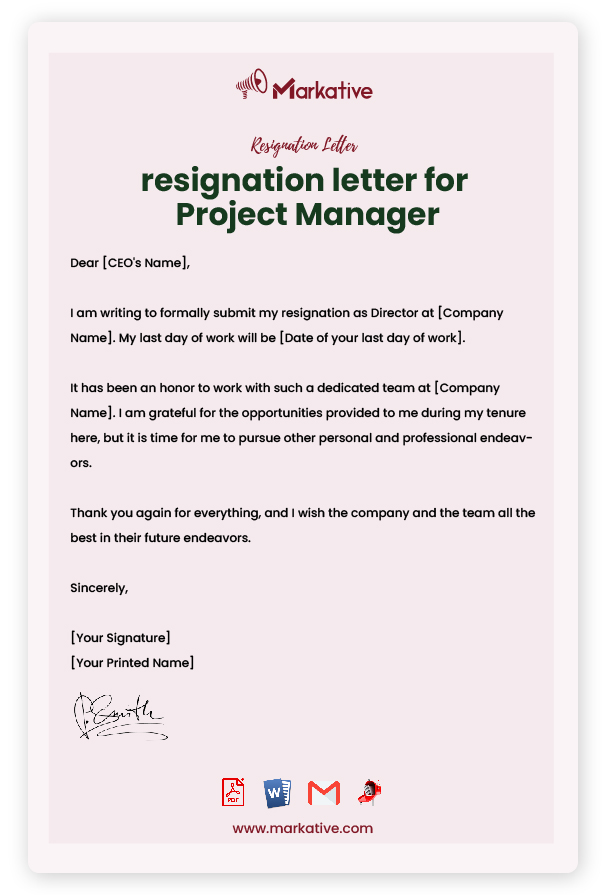 Resignation Letter for Project Manager without Notice Period