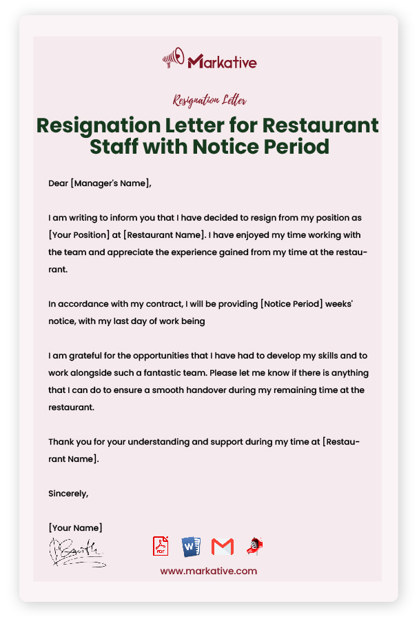 Resignation Letter for Restaurant Staff with Notice Period