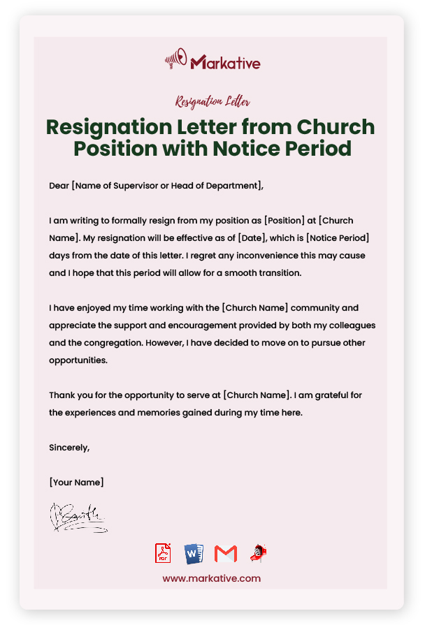 Resignation Letter from Church Position with Notice Period