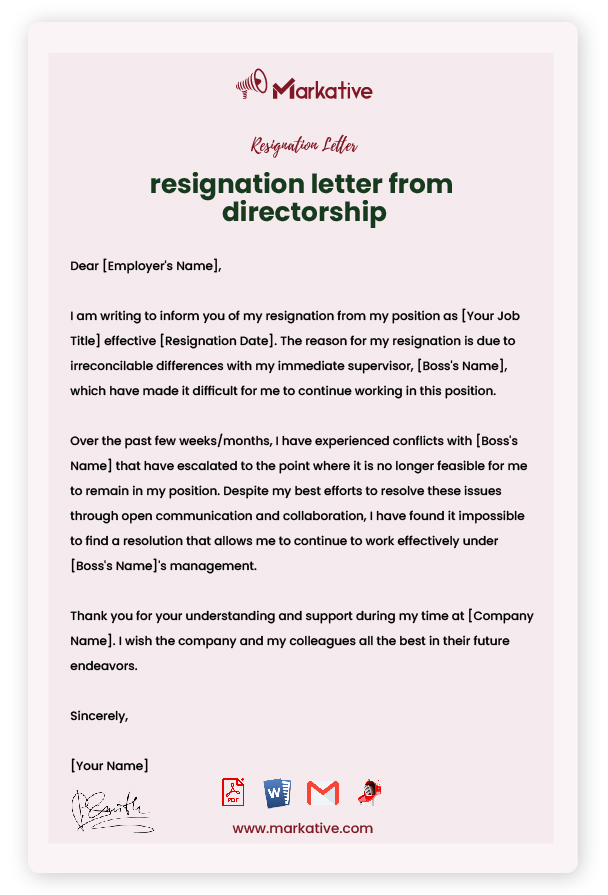Resignation Letter from Directorship with Reason
