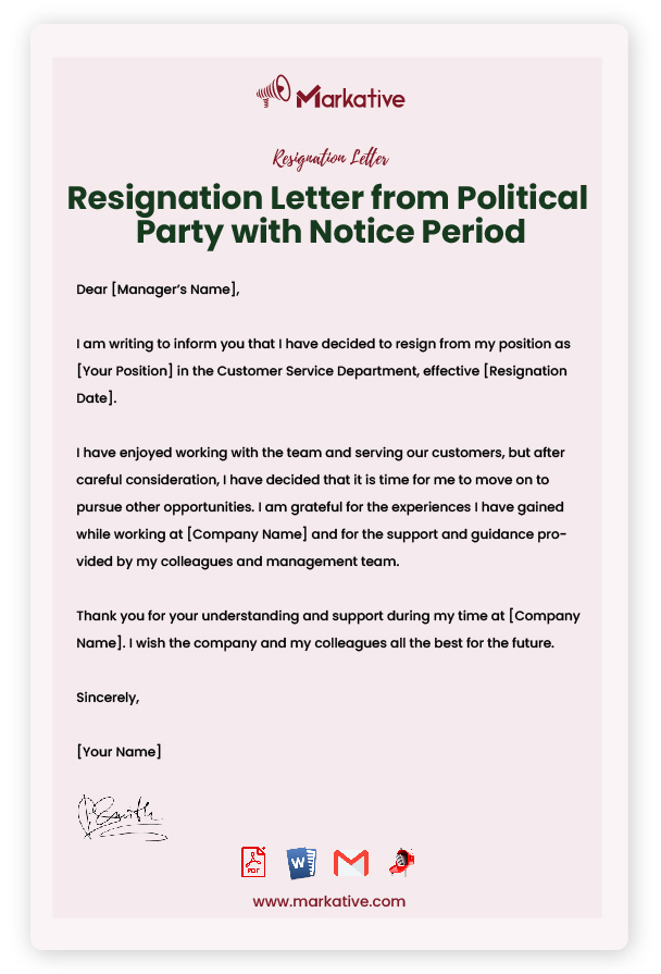 Resignation Letter from Political Party with Notice Period