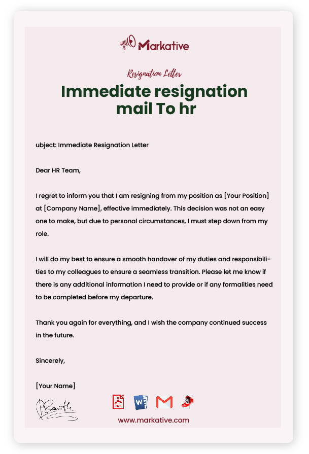 Resignation Mail to HR without Notice Period