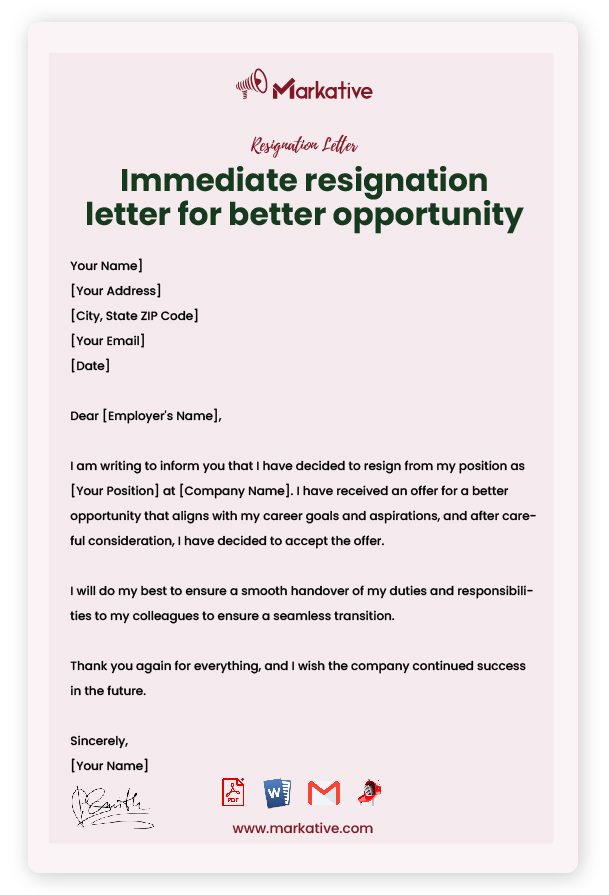 Resignation letter for Better Opportunity without Notice Period