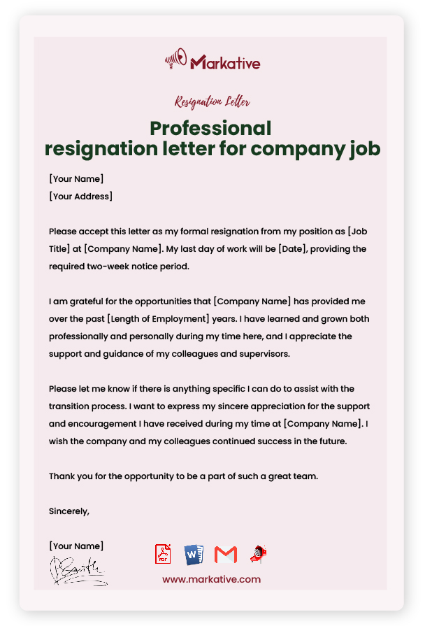 Resignation letter for Company with Notice Period