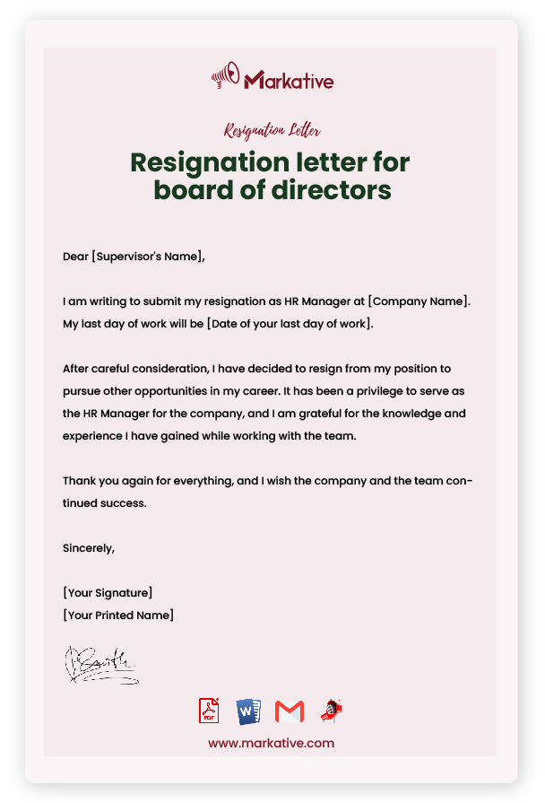 Resignation letter for Director with Notice Period