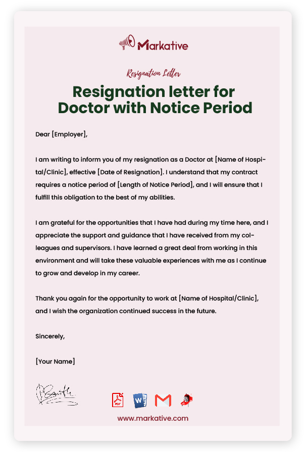 Resignation letter for Doctor with Notice Period