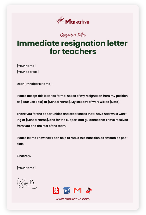 Resignation letter for Teachers with Notice Period