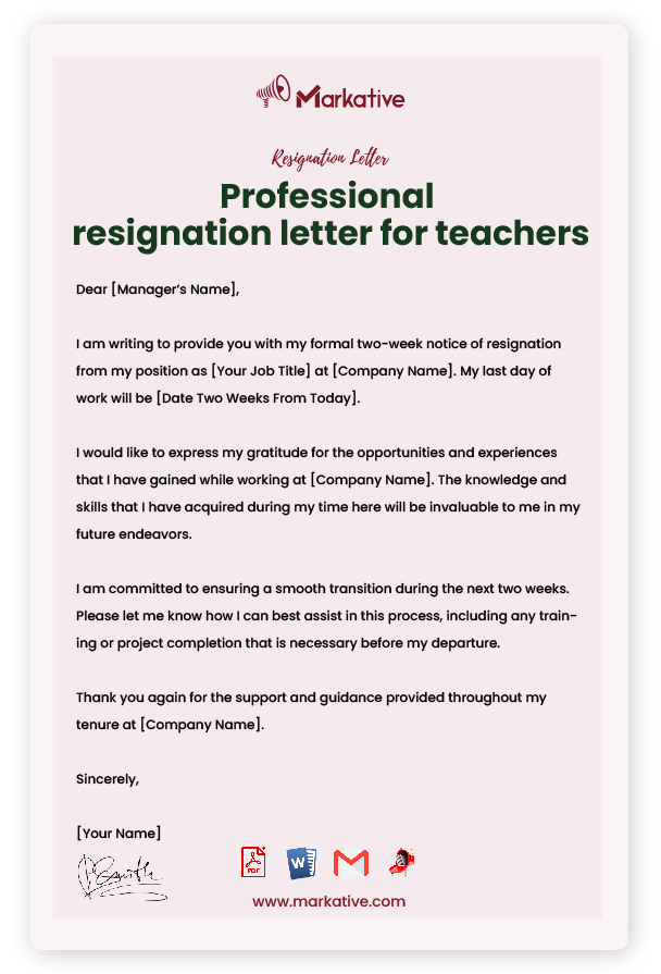 Resignation letter for Teachers without Reason