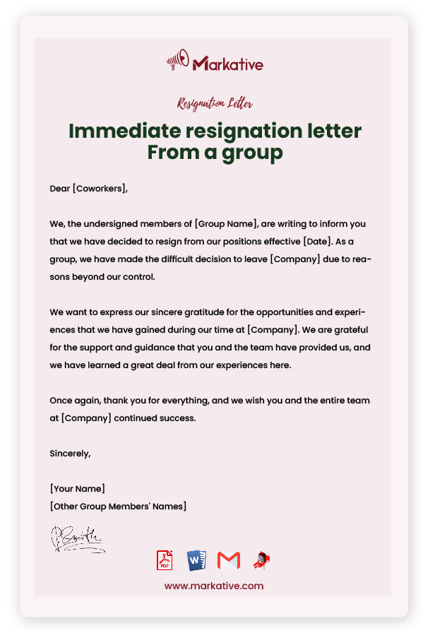 Resignation letter from a group with Notice Period