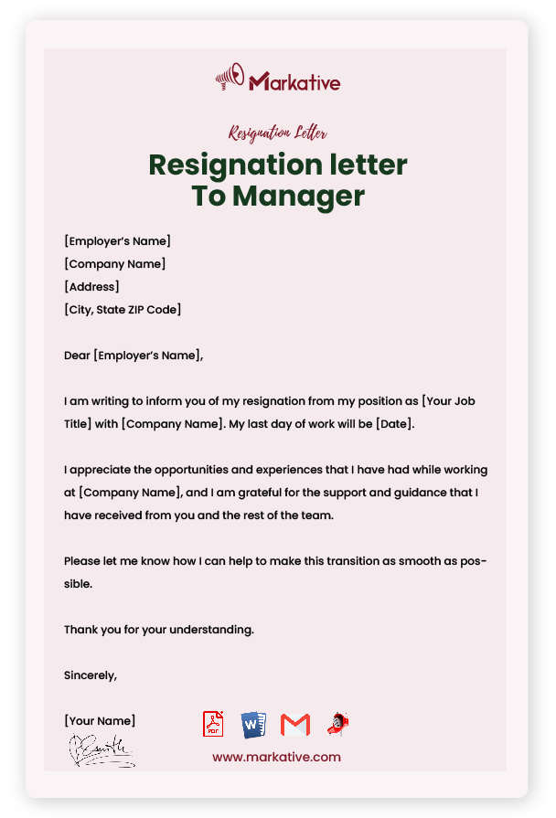 Resignation letter to manager with Reason