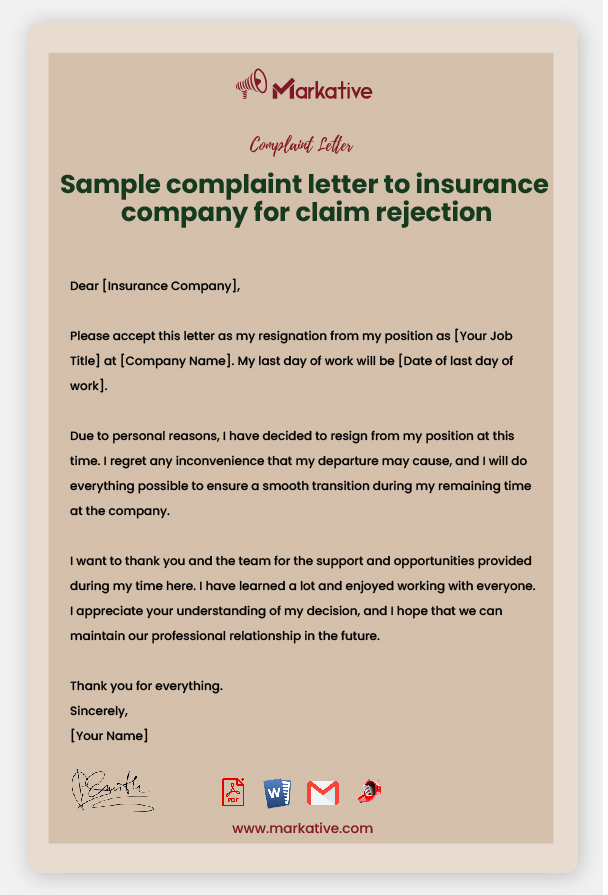 SAMPLE Complaint Letter to Insurance Company for Claim Rejection