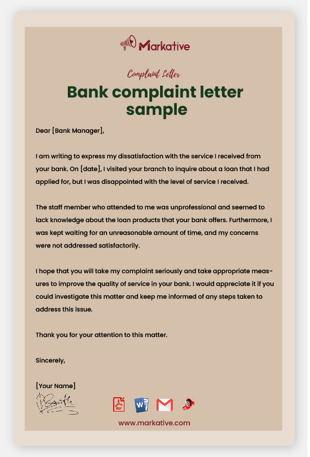 Sample Bank Complaint Letter