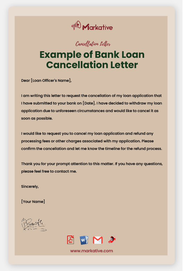 Sample Bank Loan Cancellation Letter