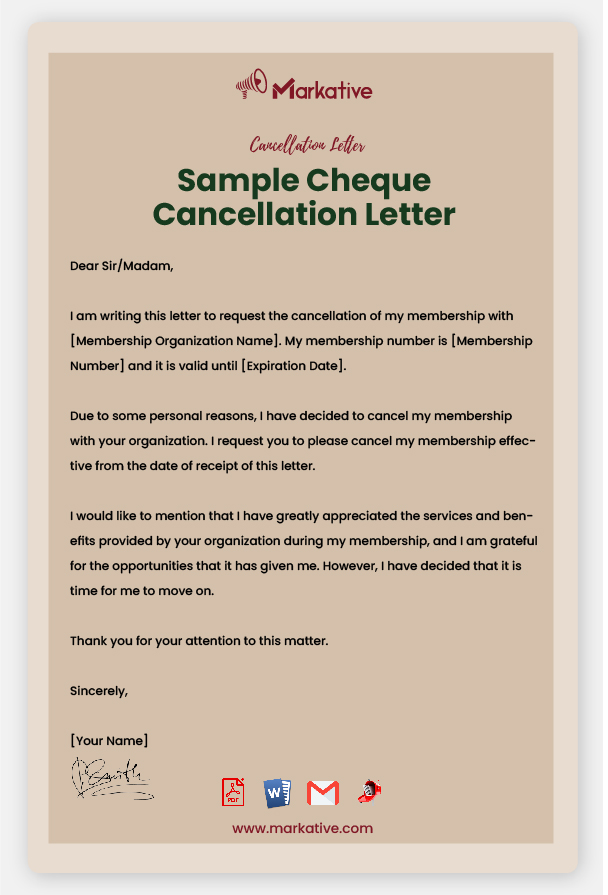 Sample Cheque Cancellation Letter