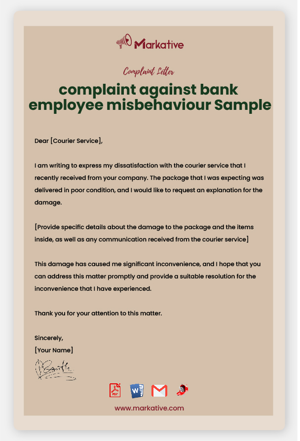 Sample Complaint Against Bank Employee Misbehaviour