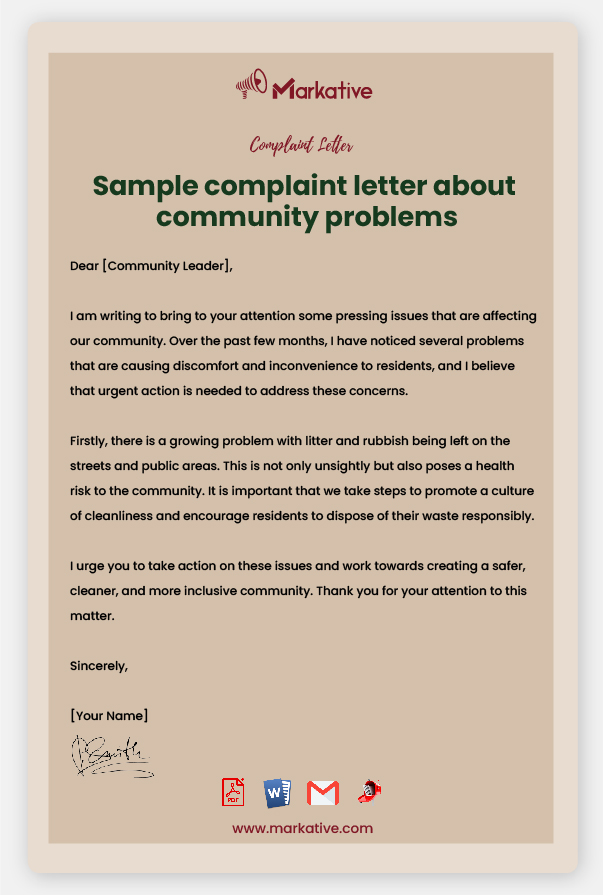 Sample Complaint Letter About Community Problems